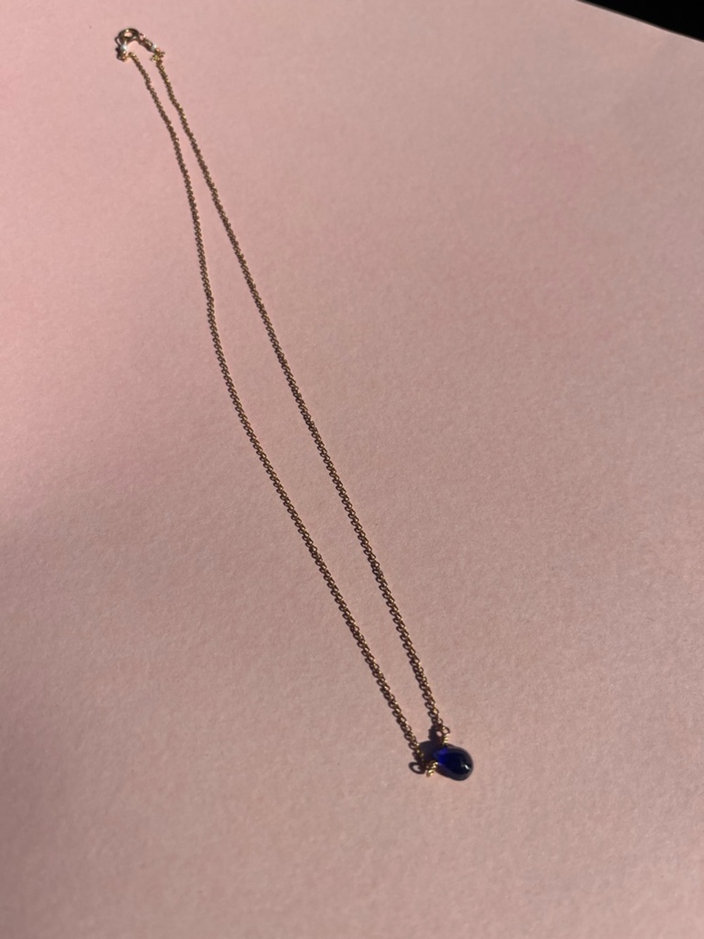 Delicate Gold Chain Necklace with Blue Teardrop Pendant